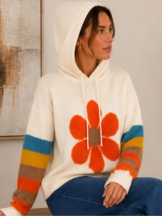 BiBi Sweaters - BiBi Cream Hoodie Sweater with Orange Flower L